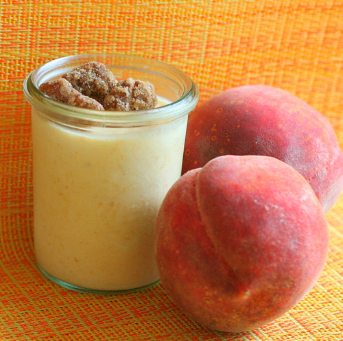 Peach Bourbon Buttermilk Pudding with Candied Pecans