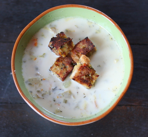 Creamy Turkey and WIld Rice Chowder with Toasted Dressing  Croutons