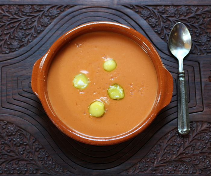 Salmorejo (Chilled Spanish Tomato Soup) with Frozen Olive Oil