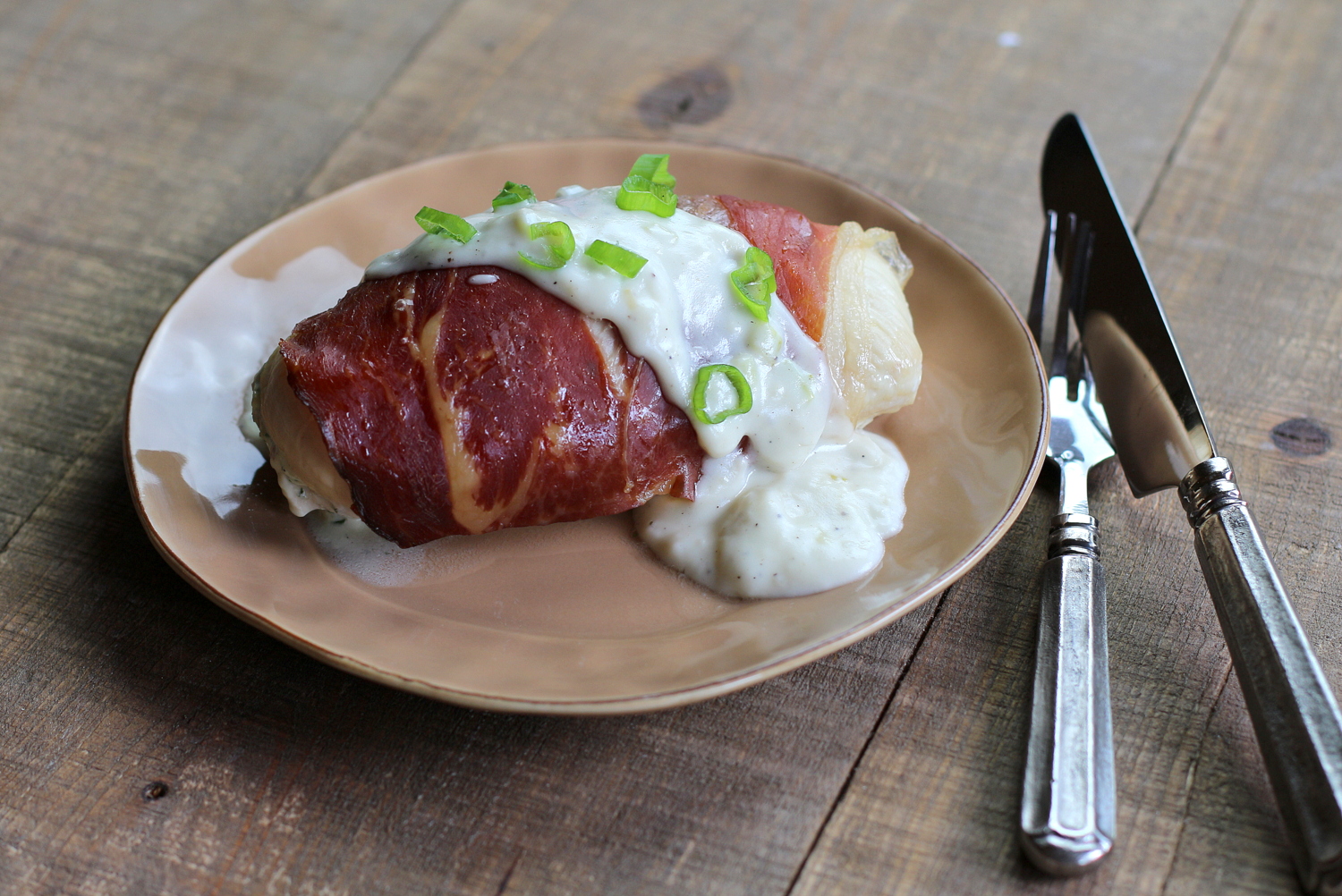 Country Ham Wrapped Stuffed Chicken with Green Onion Gravy