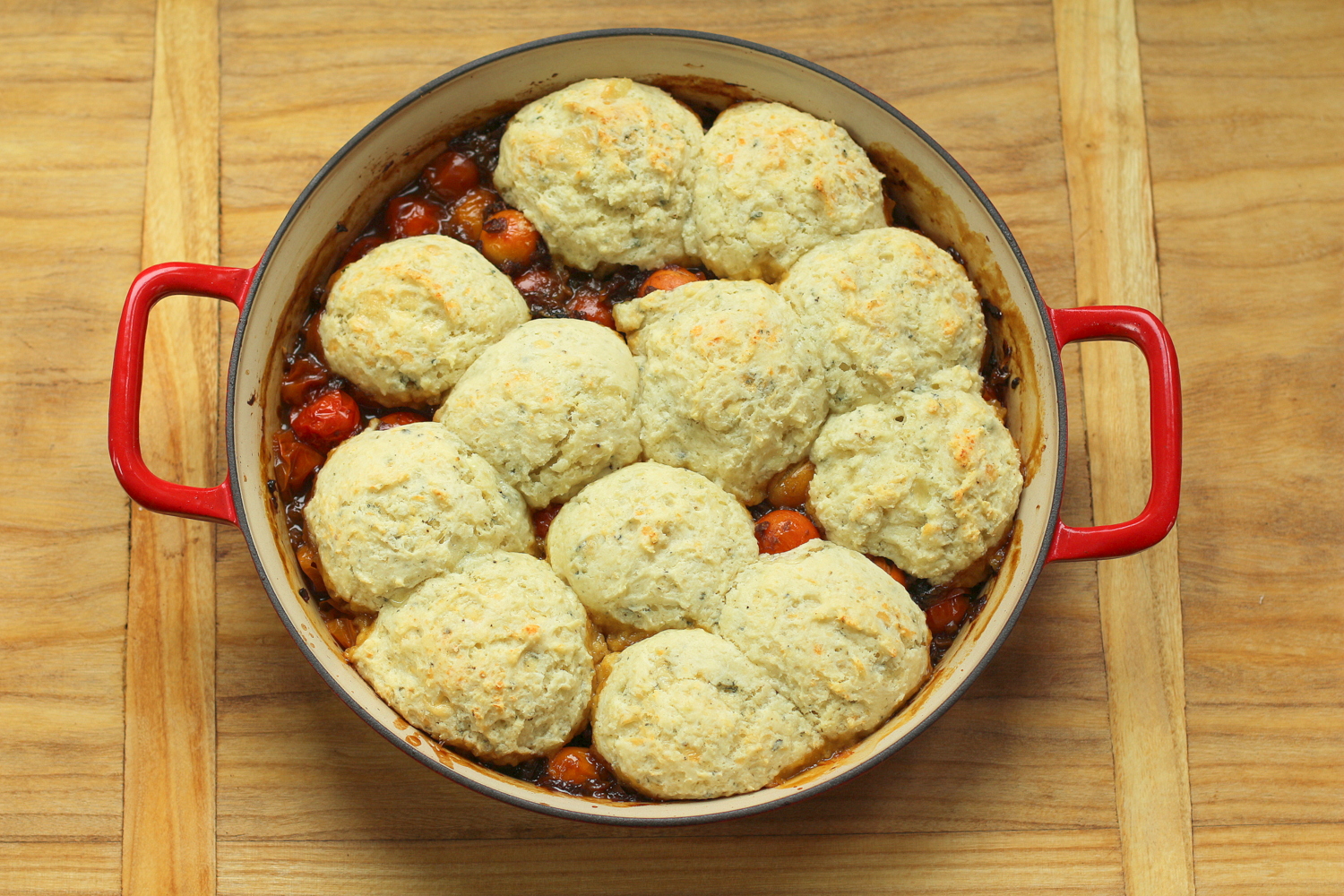 Cherry Tomato Cobbler with Blue Cheese Drop Biscuits