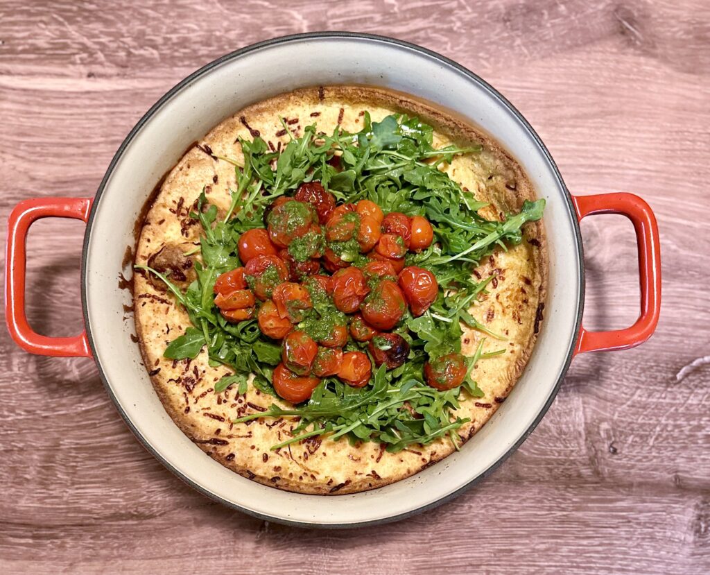 IMG_4484-1024x829 Parmesan Dutch Baby with Roasted Tomatoes, Arugula and Basil Vinaigrette
